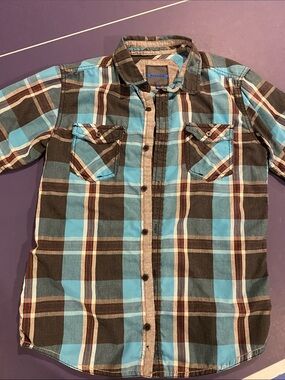 burnside Blue and Brown Plaid Casual Button-Down Shirt